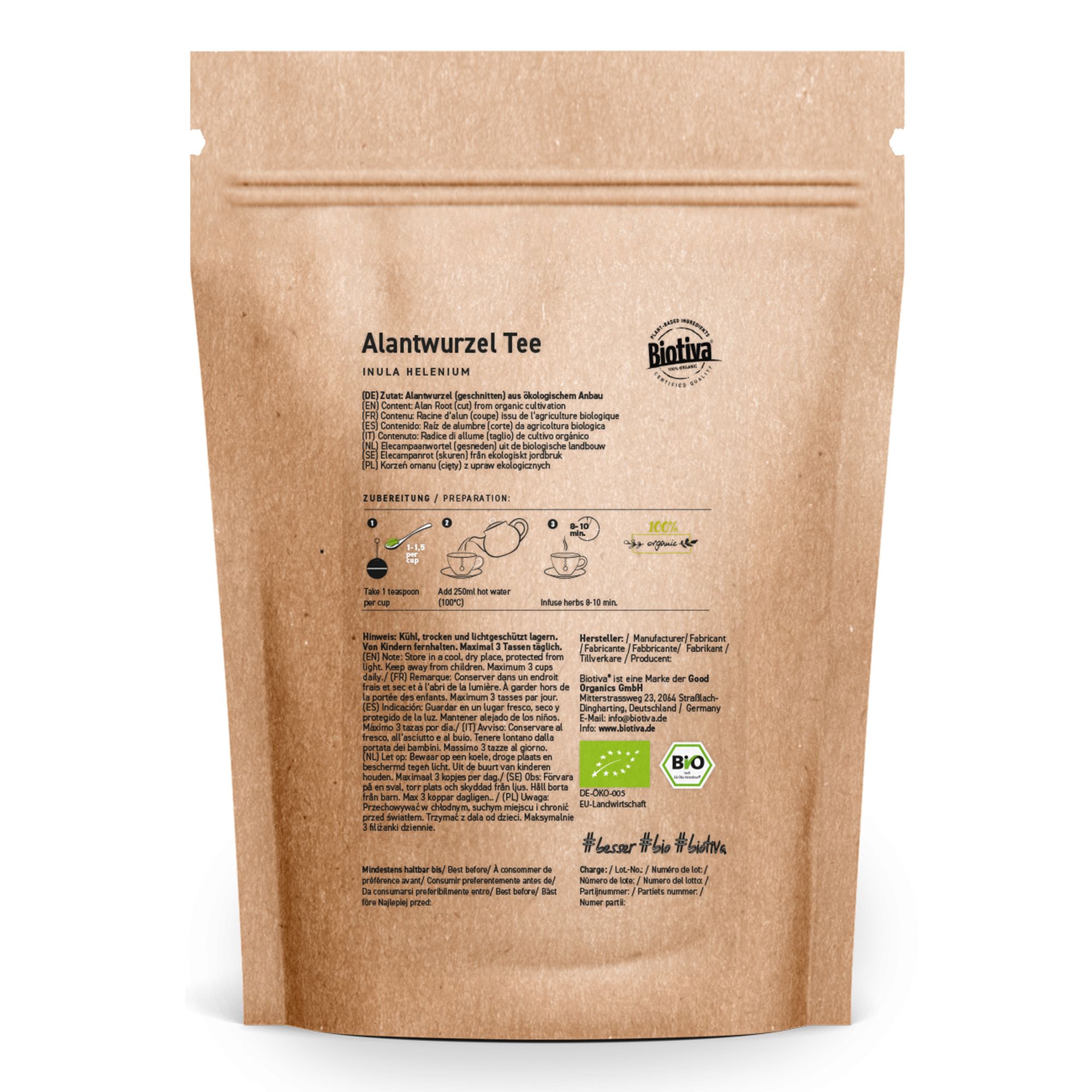 Rückseite der Papiertüte mit Biotiva-Logo und Alantwurzel Tee Bio. Zubereitungshinweise und Bio-Siegel.