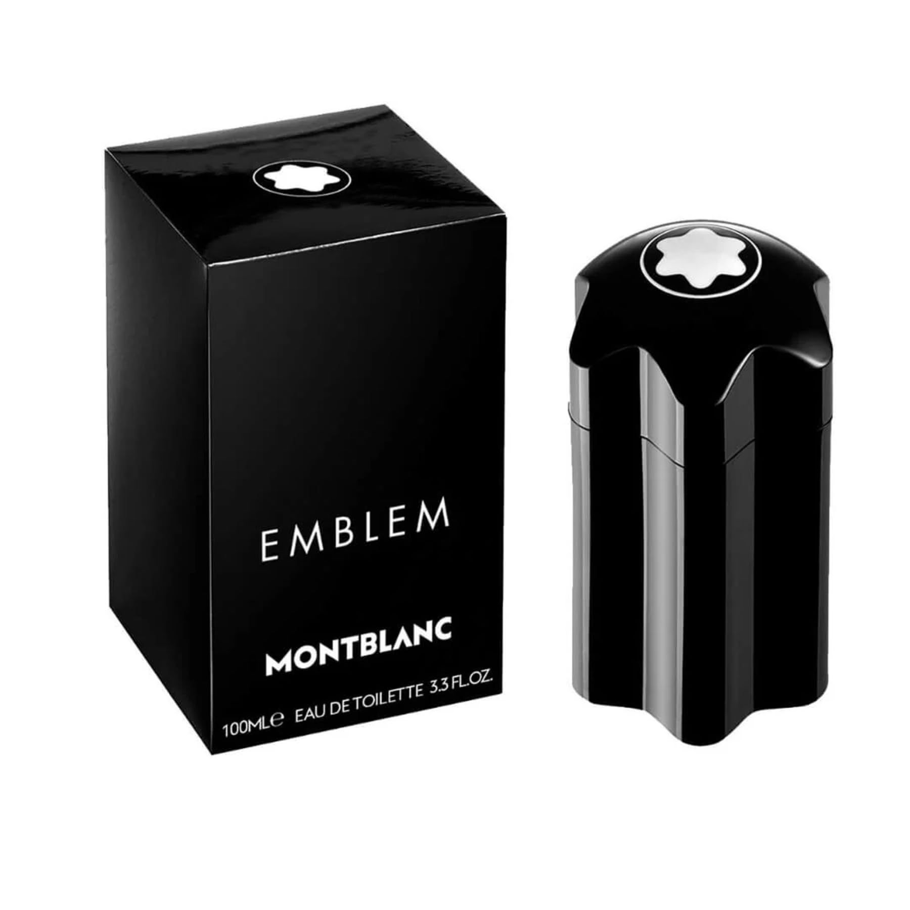 Schwarze Flasche und Schachtel. Auf der Schachtel: Montblanc Emblem Eau de Toilette. 100 ml.