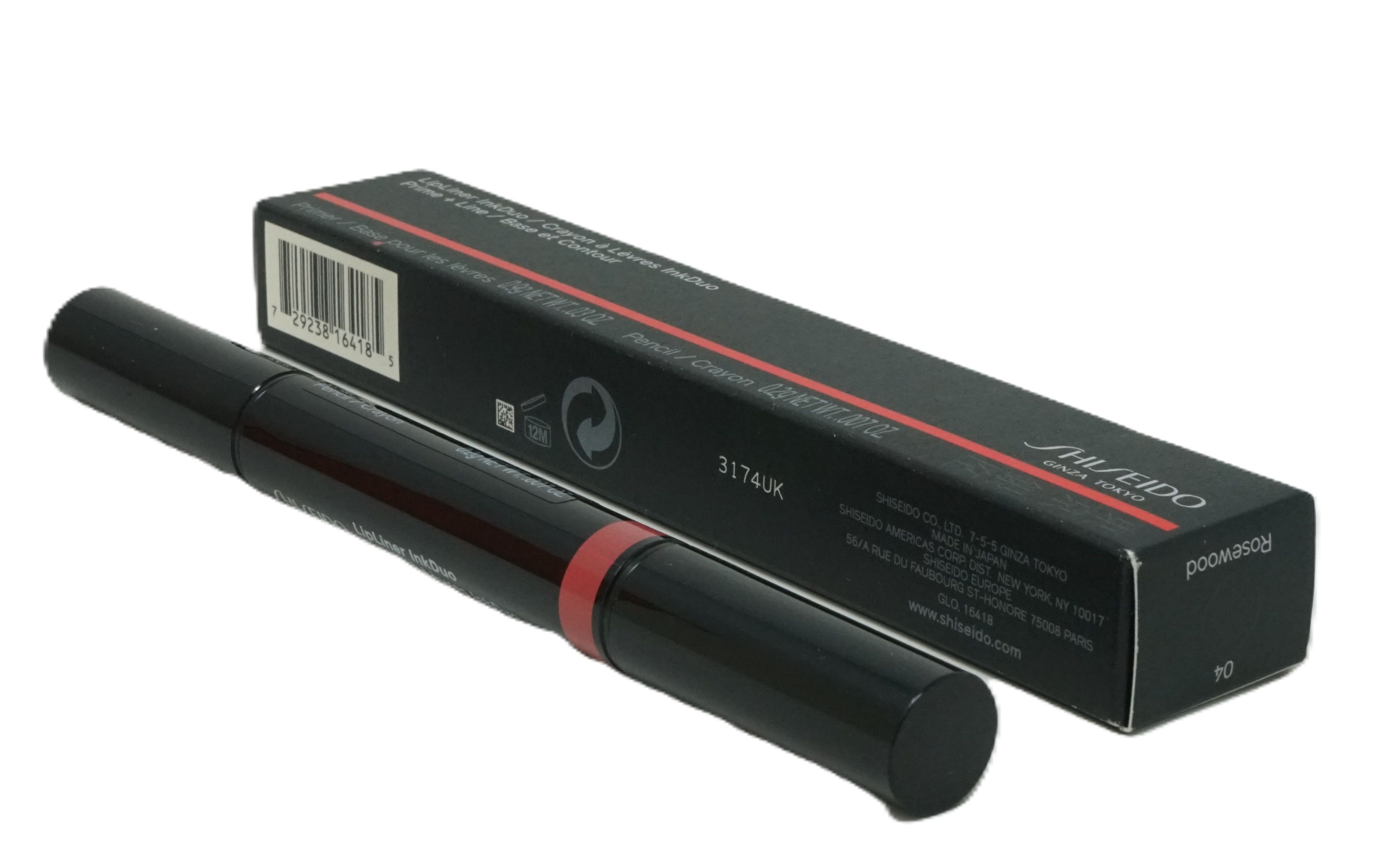 Lippenkonturenstift und Verpackung. Schwarzer Stift mit rosafarbenem Akzent. Schwarze Schachtel mit Logo und Produktinformationen.