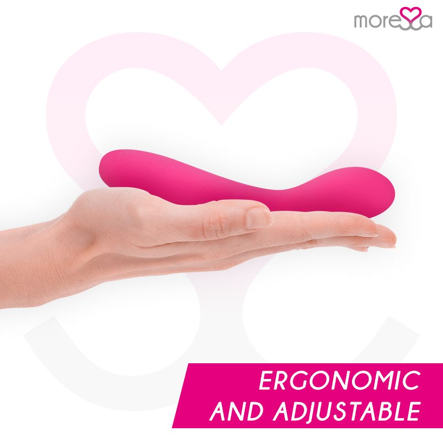 Pinker Vibrator liegt in einer Hand. Text: "ERGONOMIC AND ADJUSTABLE".