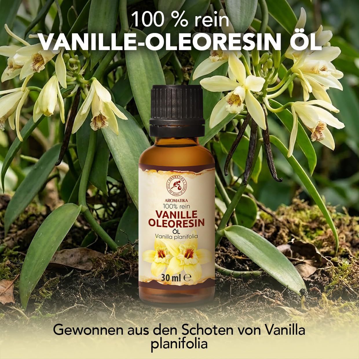 Braune Glasflasche mit 30 ml Vanille-Oleoresin Öl, umgeben von Vanillepflanzen.
