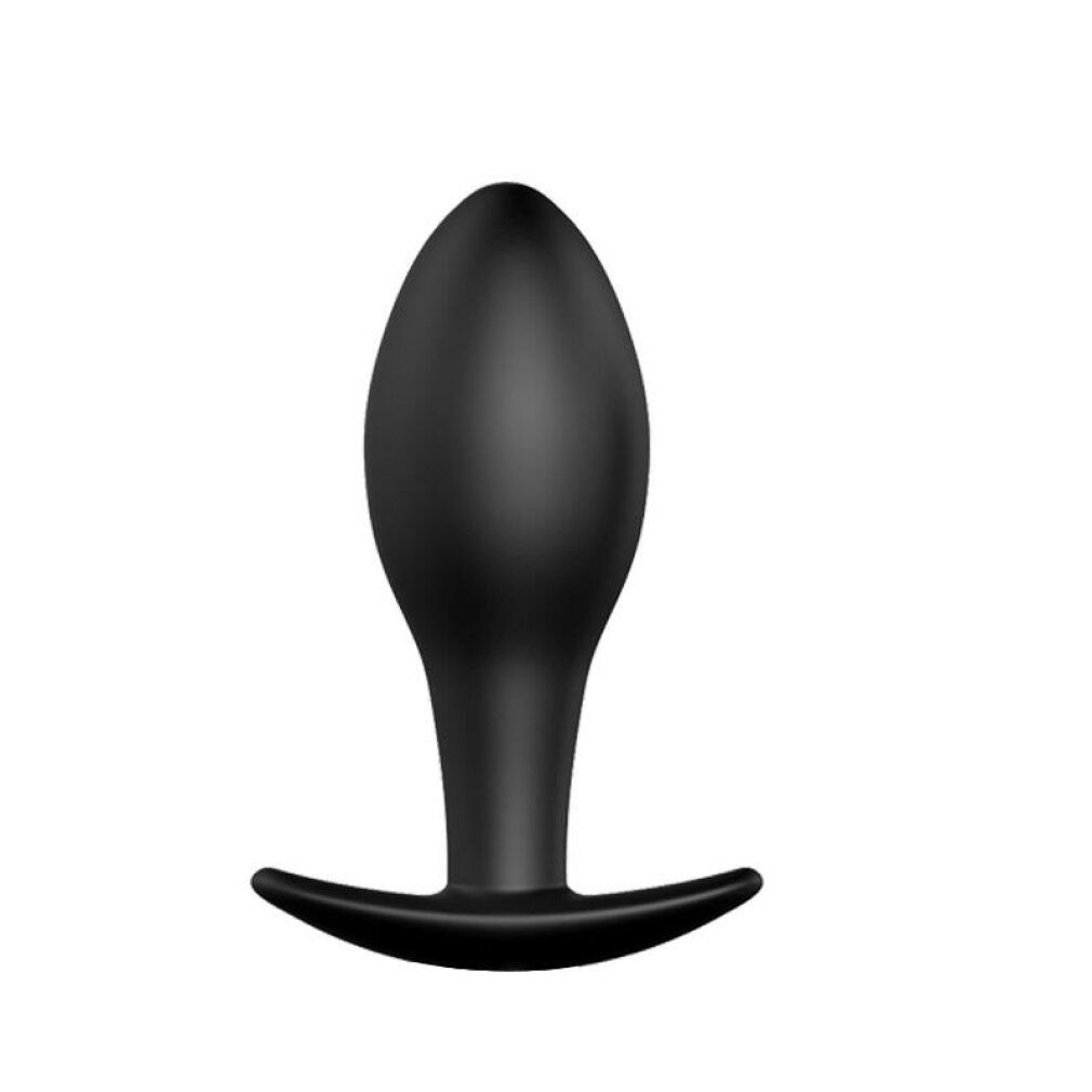 Schwarzer Anus-Plug mit tropfenförmigem Kopf und T-förmigem Griff. Aus glattem Material.