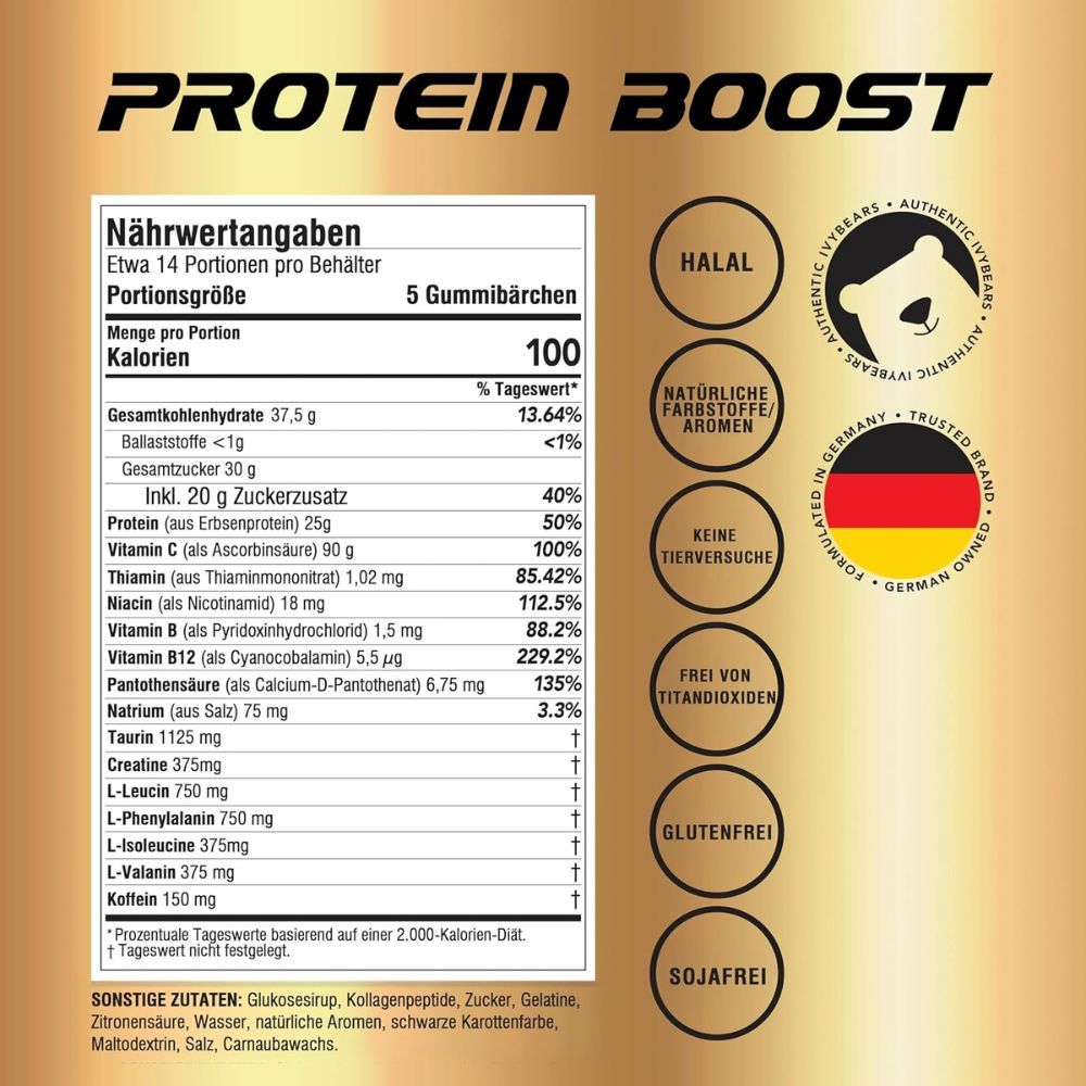 Nährwertangaben. 5 Gummibärchen pro Portion. Kalorien, Proteine, Vitamine, Mineralien.