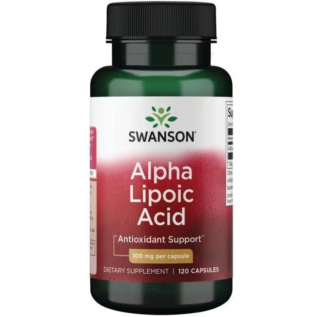 Grüne Flasche mit schwarzem Deckel. Etikett mit "SWANSON Alpha Lipoic Acid 100 mg". 120 Kapseln. Antioxidant Support.