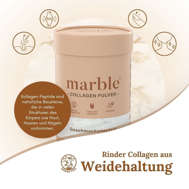Dose mit marble Collagen Pulver. Text: Rinder Collagen aus Weidehaltung. Grafiken: Haut, Haare, Nägel.
