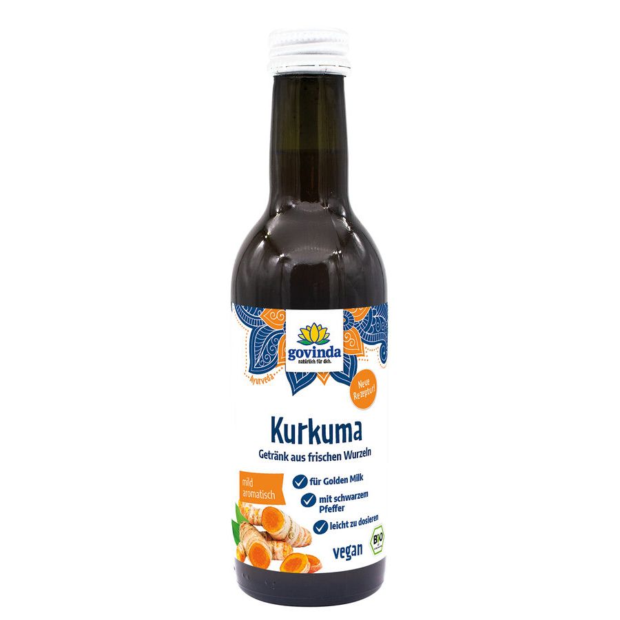 Braune Glasflasche mit weißem Deckel. Etikett mit Govinda-Logo und Kurkuma-Getränk-Informationen. Vegan, Bio-Siegel.