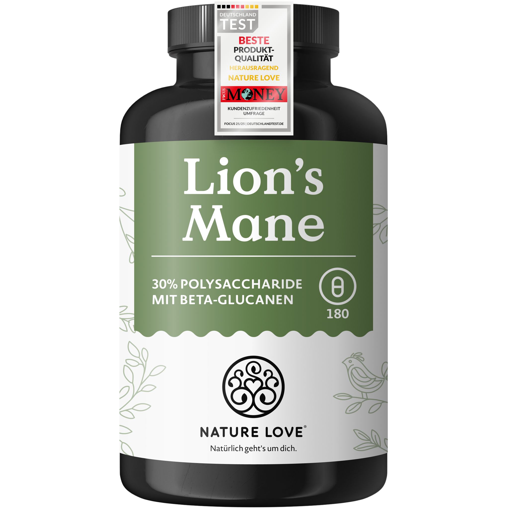 NATURE LOVE Lion's Mane: Vegan, gluten- und laktosefrei, ohne unnötige Zusätze. Flasche mit 180 Kapseln.
