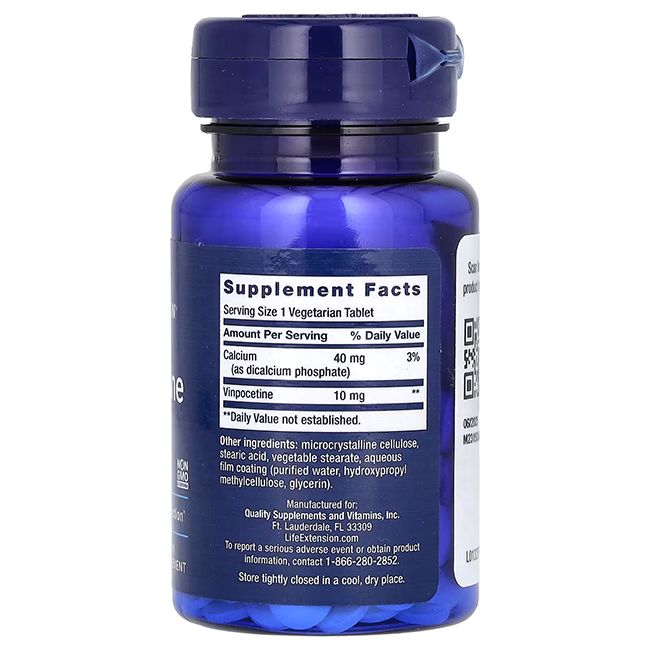 Blaue Flasche mit weißen Tabletten. Aufschrift: Life Extension Vinpocetin, 10 mg. Enthält 100 vegetarische Tabletten.