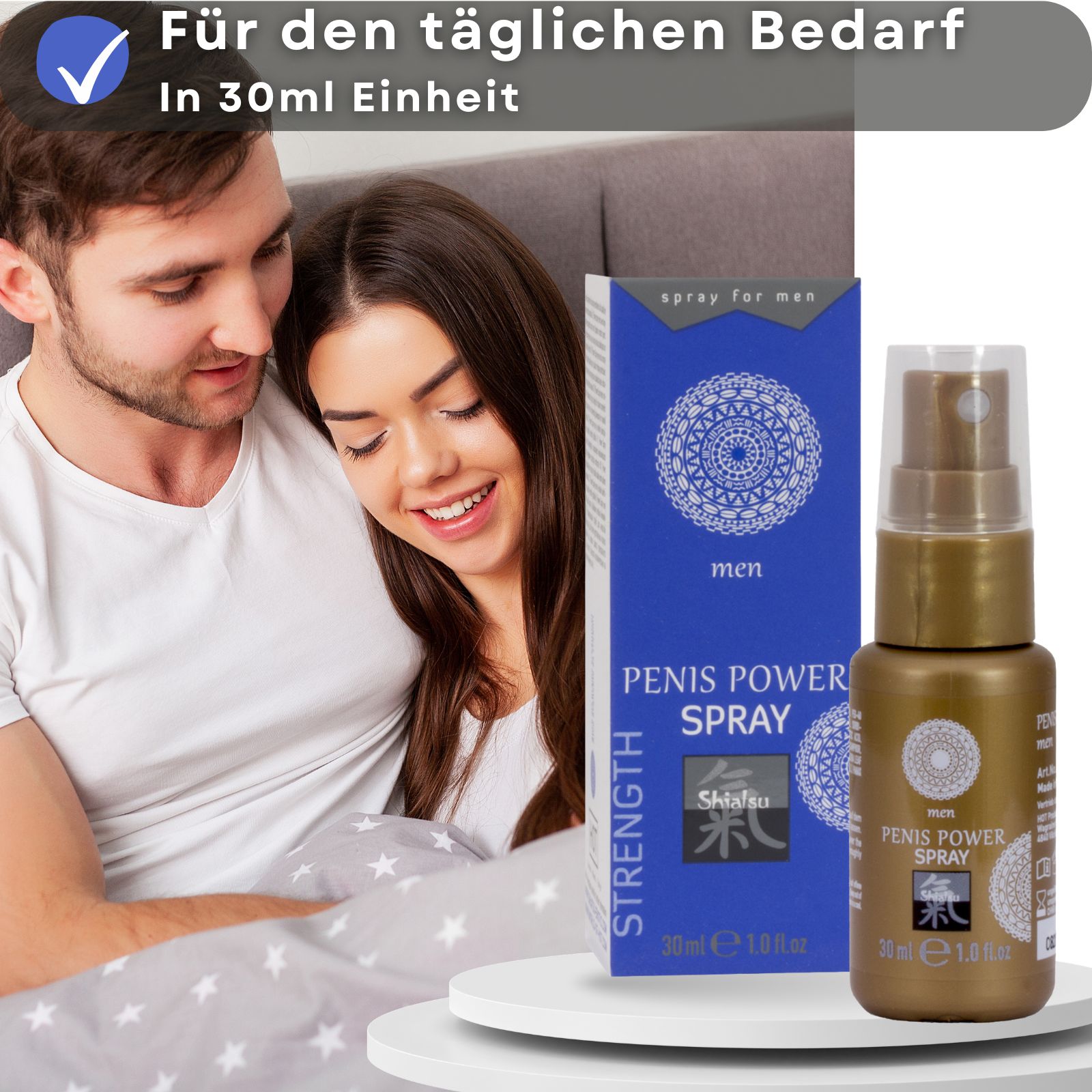 Goldene Sprühflasche und blaue Verpackung. Text: Penis Power Spray, Shiatsu, 30ml. Paar im Bett.