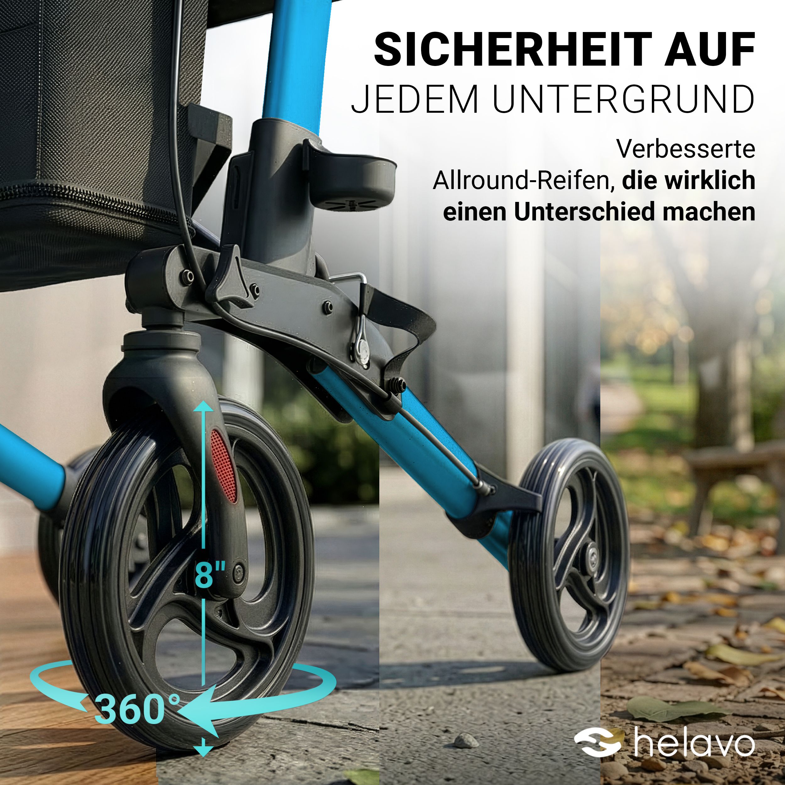 Nahaufnahme des Rades eines blauen Rollators mit 8-Zoll-Durchmesser und 360°-Drehung.