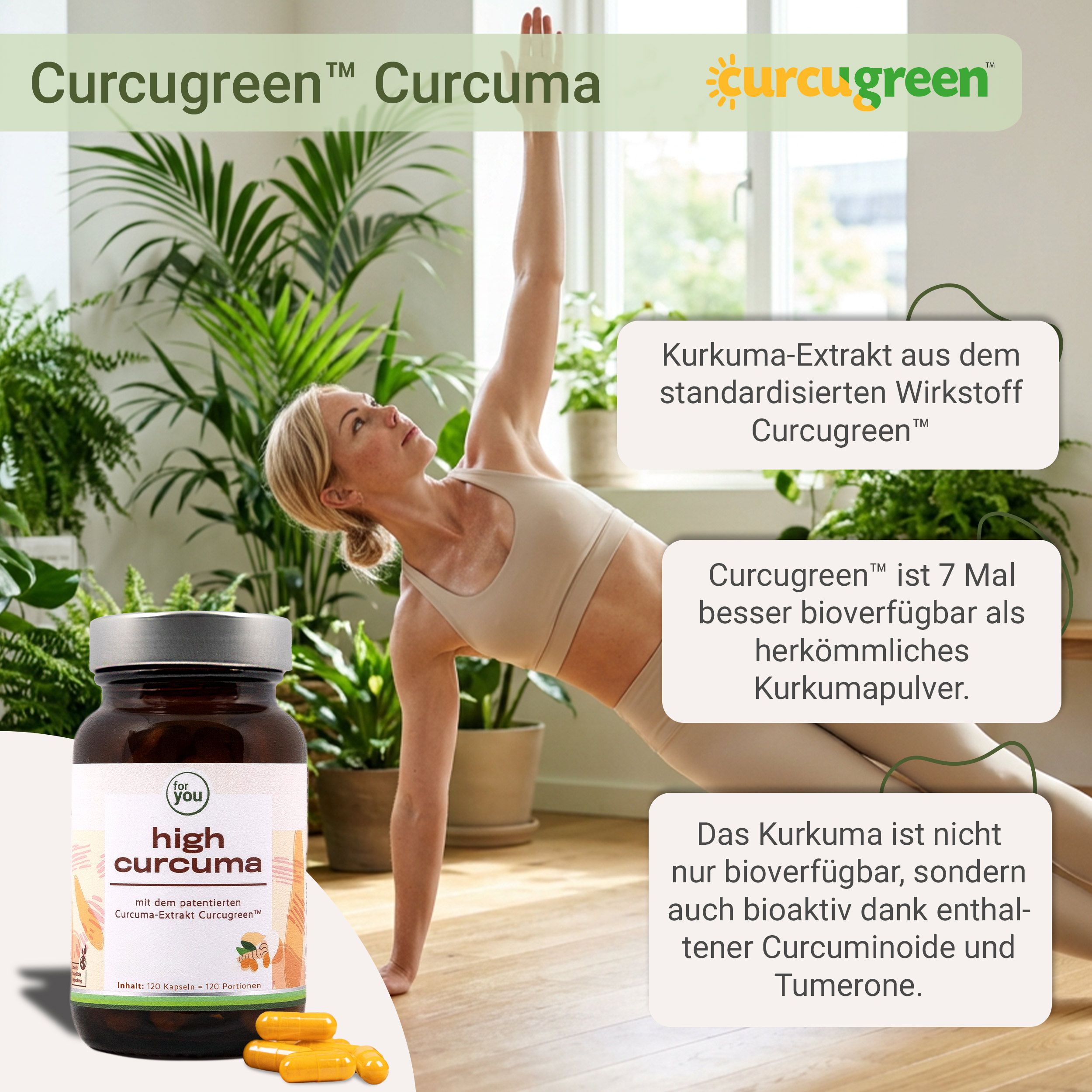 Frau in Yoga-Pose mit Flasche 'for you high curcuma'. Kurkuma-Extrakt Curcugreen.