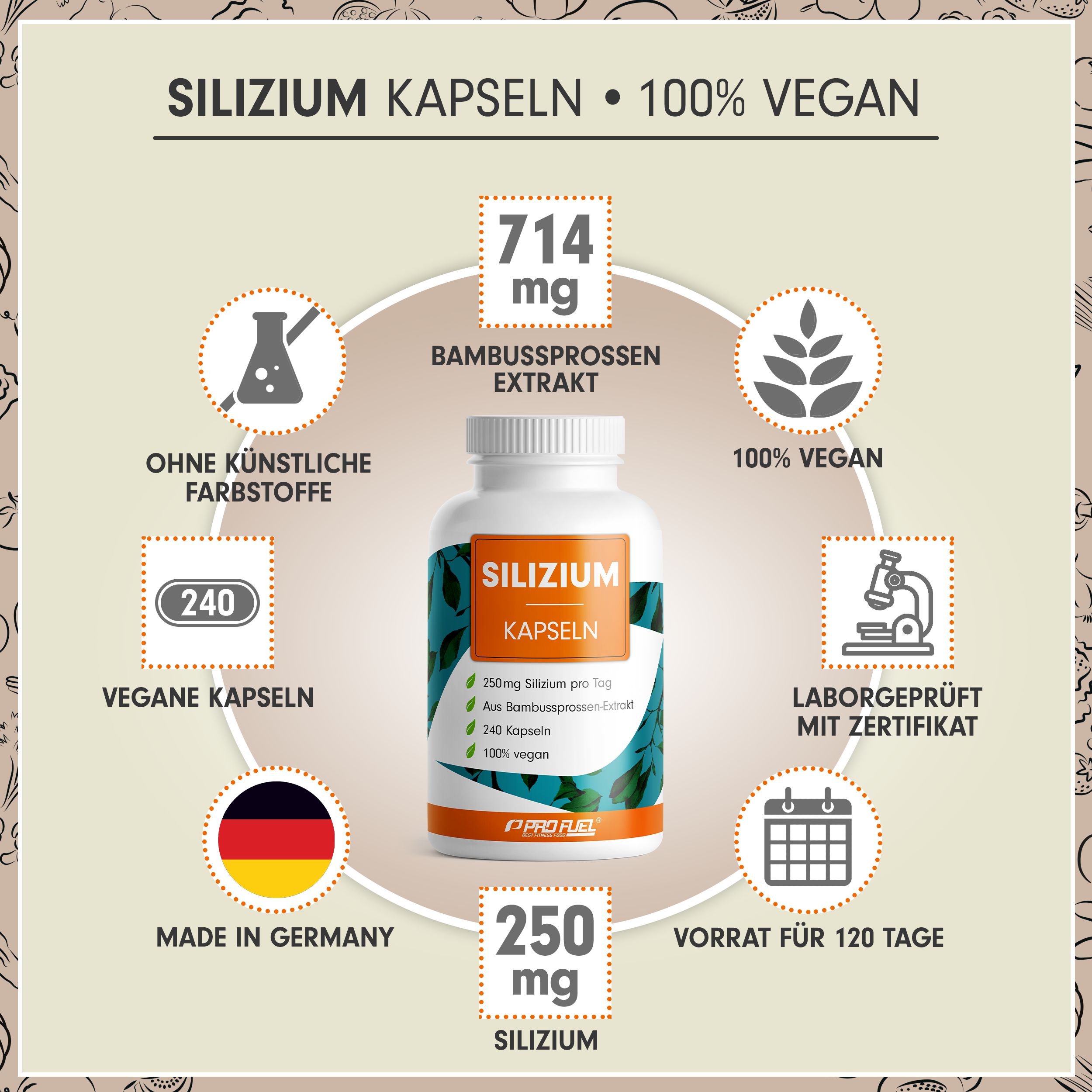 Weiße Flasche mit Silizium Kapseln. 240 vegane Kapseln, 714 mg Bambussprossen-Extrakt. Laborgeprüft, ohne künstliche Farbstoffe. Made in Germany.