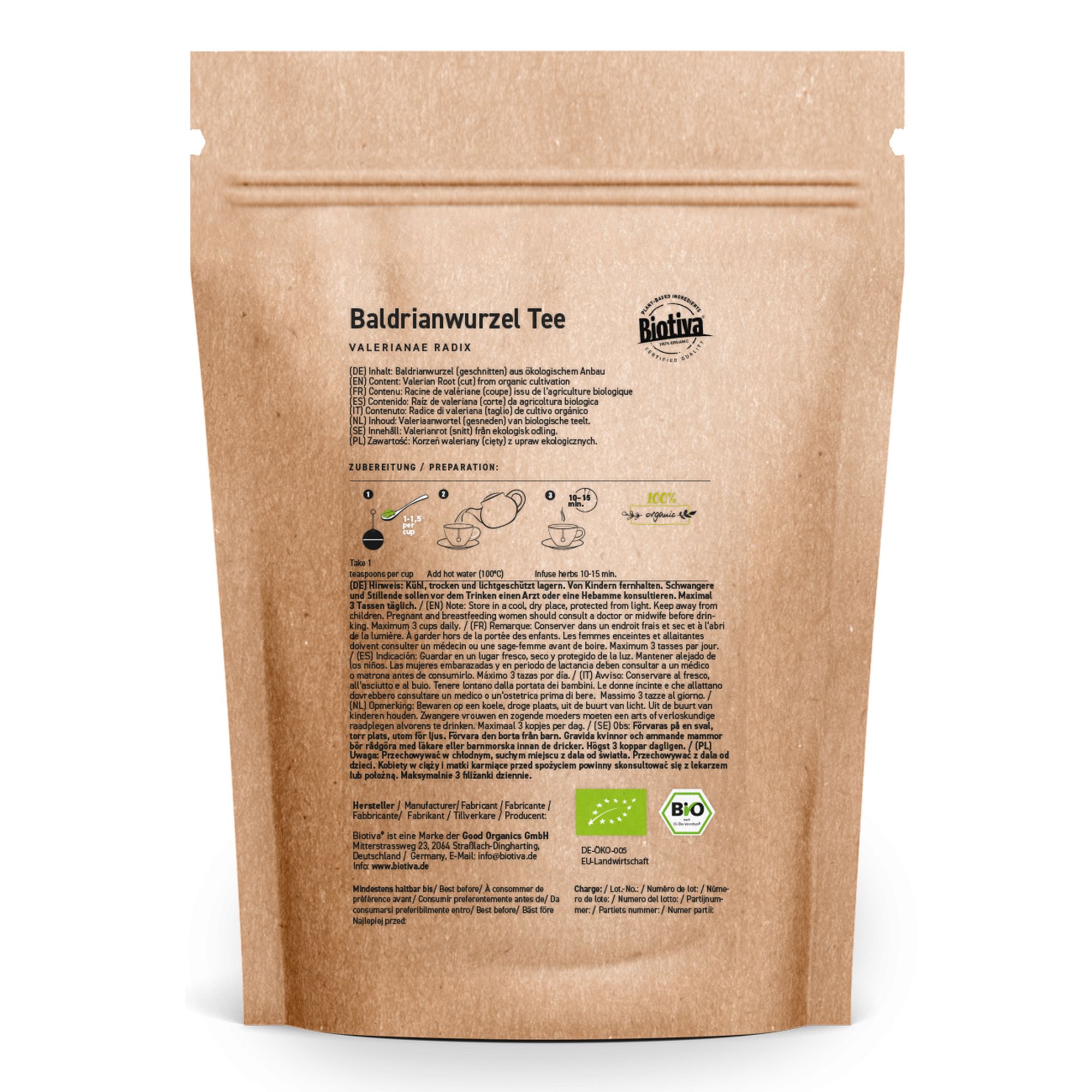 Braune Papierverpackung mit Aufdruck. Text: Baldrianwurzel Tee, Biotiva, Bio-Siegel, Zubereitungshinweise und Inhaltsstoffe.