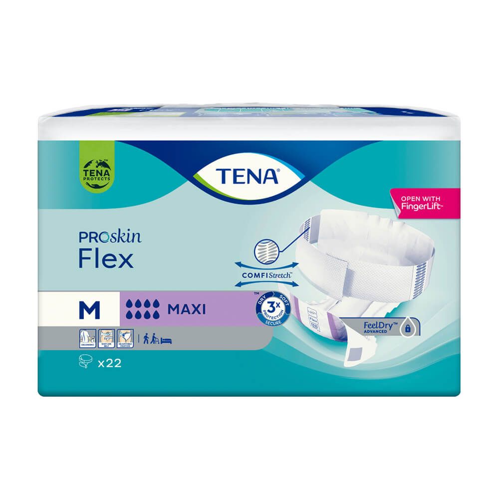 Verpackung mit Inkontinenzprodukten. Marke TENA, Modell ProSkin Flex Maxi M. Packung mit 22 Stück. Mit ComfiStretch und FeelDry.