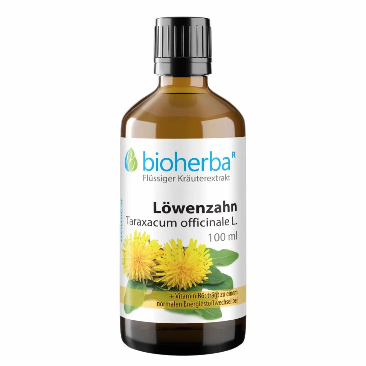 Braune Glasflasche mit schwarzem Deckel. Etikett mit "Bioherba" und "Löwenzahn". Abbildung von Löwenzahnblüten.