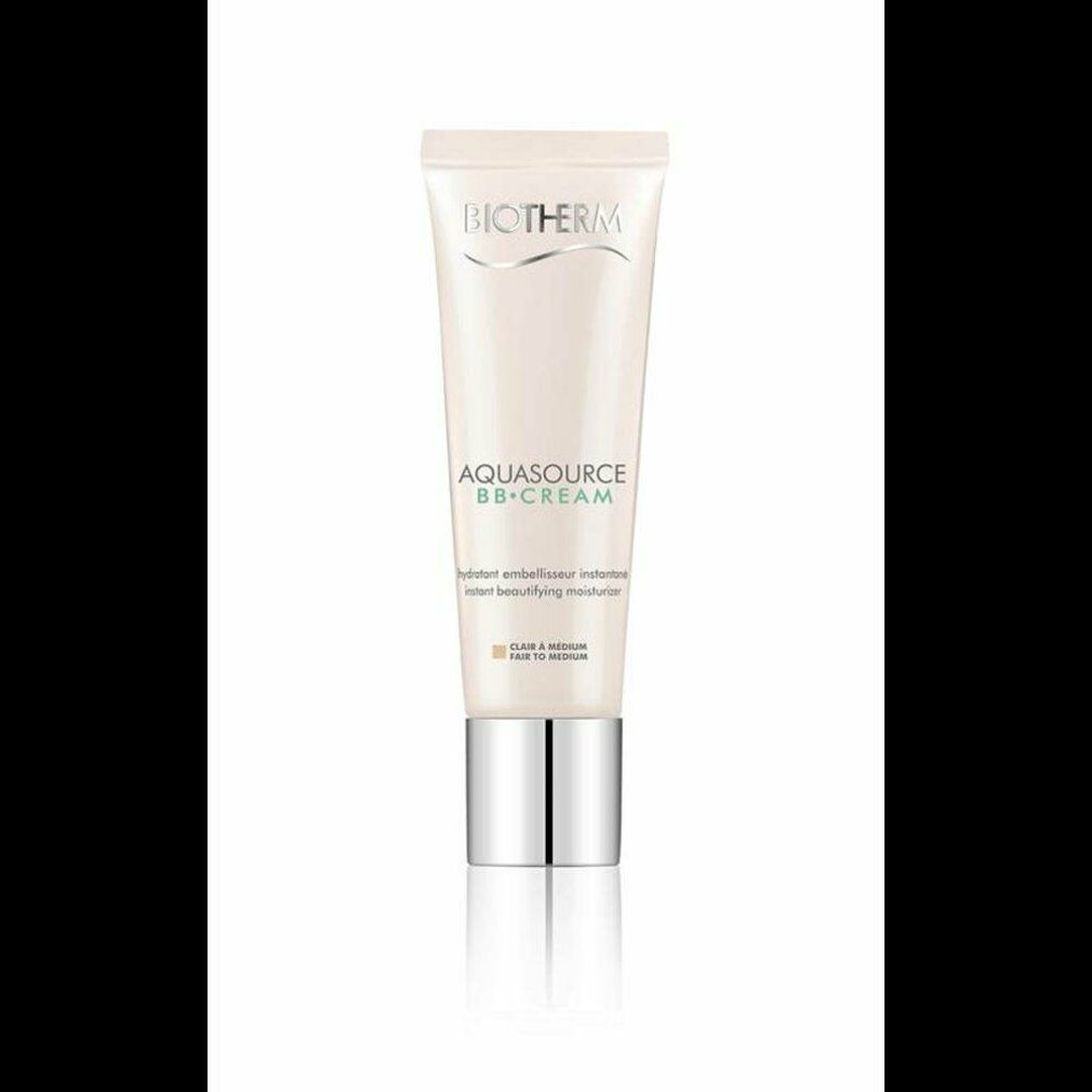 Tube BIOTHERM AQUASOURCE BB CREAM. Farbton Fair to Medium. Silberfarbener Verschluss. Produktbezeichnung und Logo sichtbar.