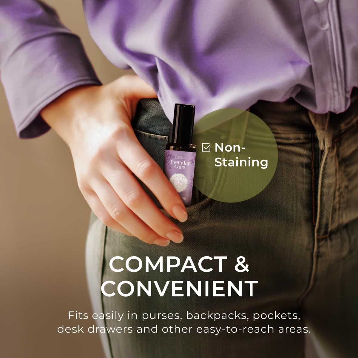 Roll-on in Hosentasche. Text: Kompakt & praktisch. Passt in Taschen, Rucksäcke, Schubladen. Everyday Care, nicht färbend. Grüner Kreis.