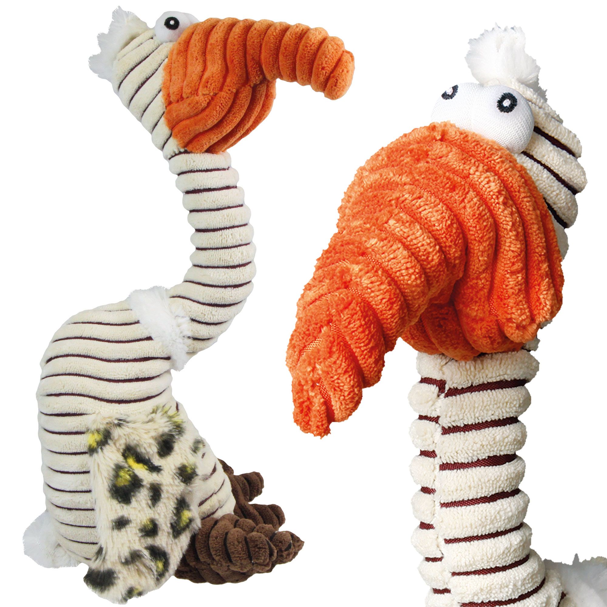 Plüschgeier. Beige-braun gestreifter Körper, orangefarbener Kopf. Leopardenmuster an den Füßen. Weiches Material.