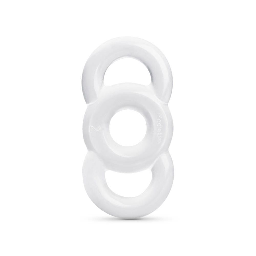 Weißes Produkt mit drei verbundenen Ringen. Mittlerer Ring mit größerer Öffnung.