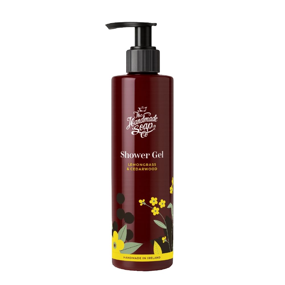 Braune Flasche mit schwarzem Pumpkopf. Aufschrift: Shower Gel, Lemongrass & Cedarwood. Gelbe Blumenmuster.
