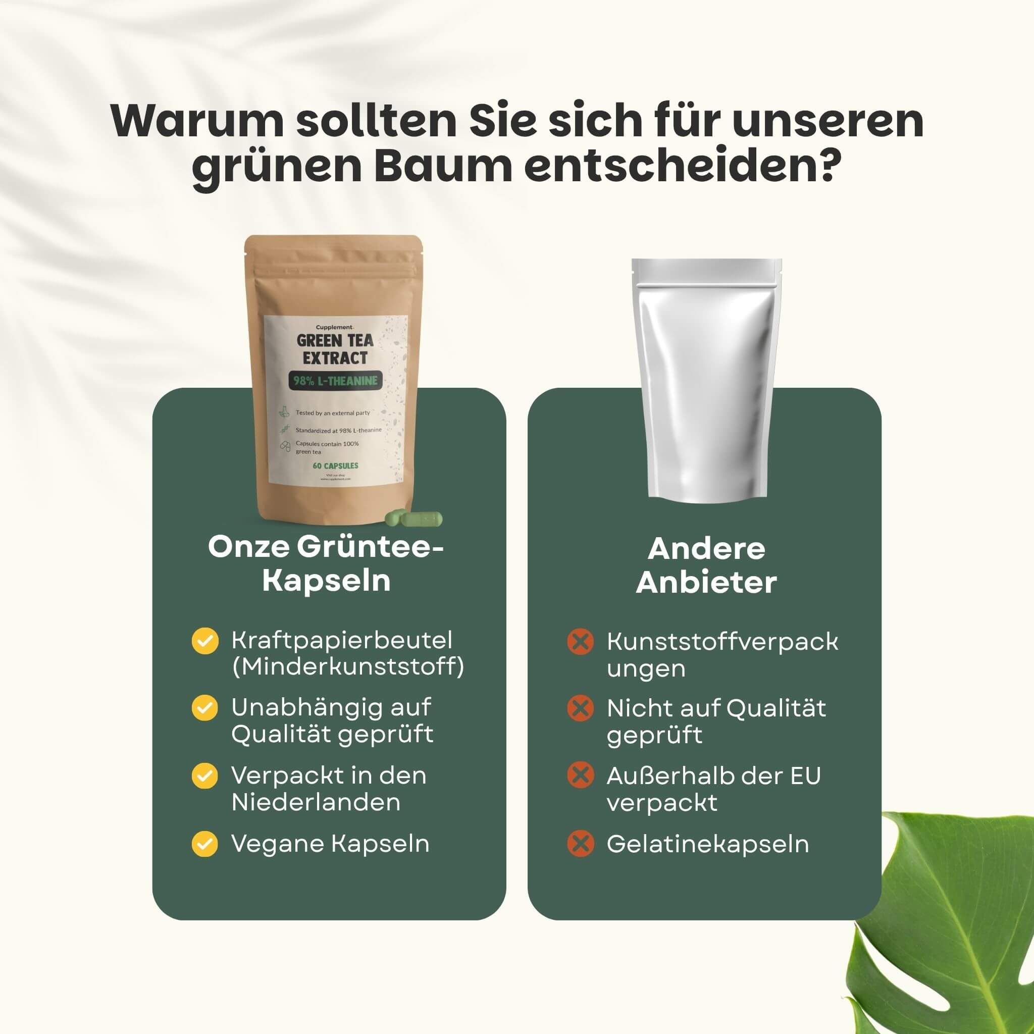 Zwei Beutel mit Grüntee-Kapseln. Text: Warum sollten Sie sich für unseren grünen Baum entscheiden?