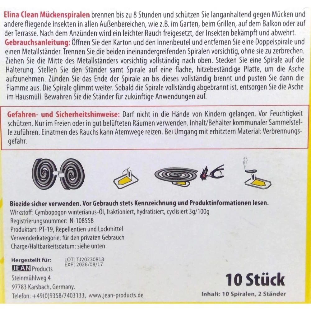 Nahaufnahme der Verpackung von Mückenspiralen. Text: Elina Clean, 10 Stück, 2 Metallständer. Informationen zu Inhaltsstoffen und Gebrauch.