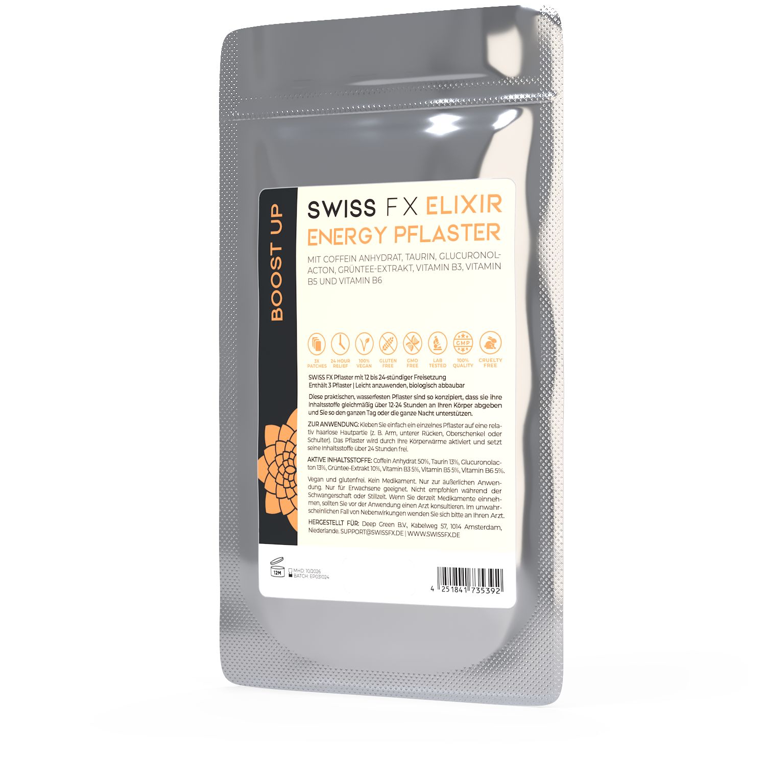 Verpackung mit SWISS FX Energy Pflaster. Aufschrift: Elixir, Energy Pflaster. Inhaltsstoffe und Logos. Silberne, transparente Verpackung.