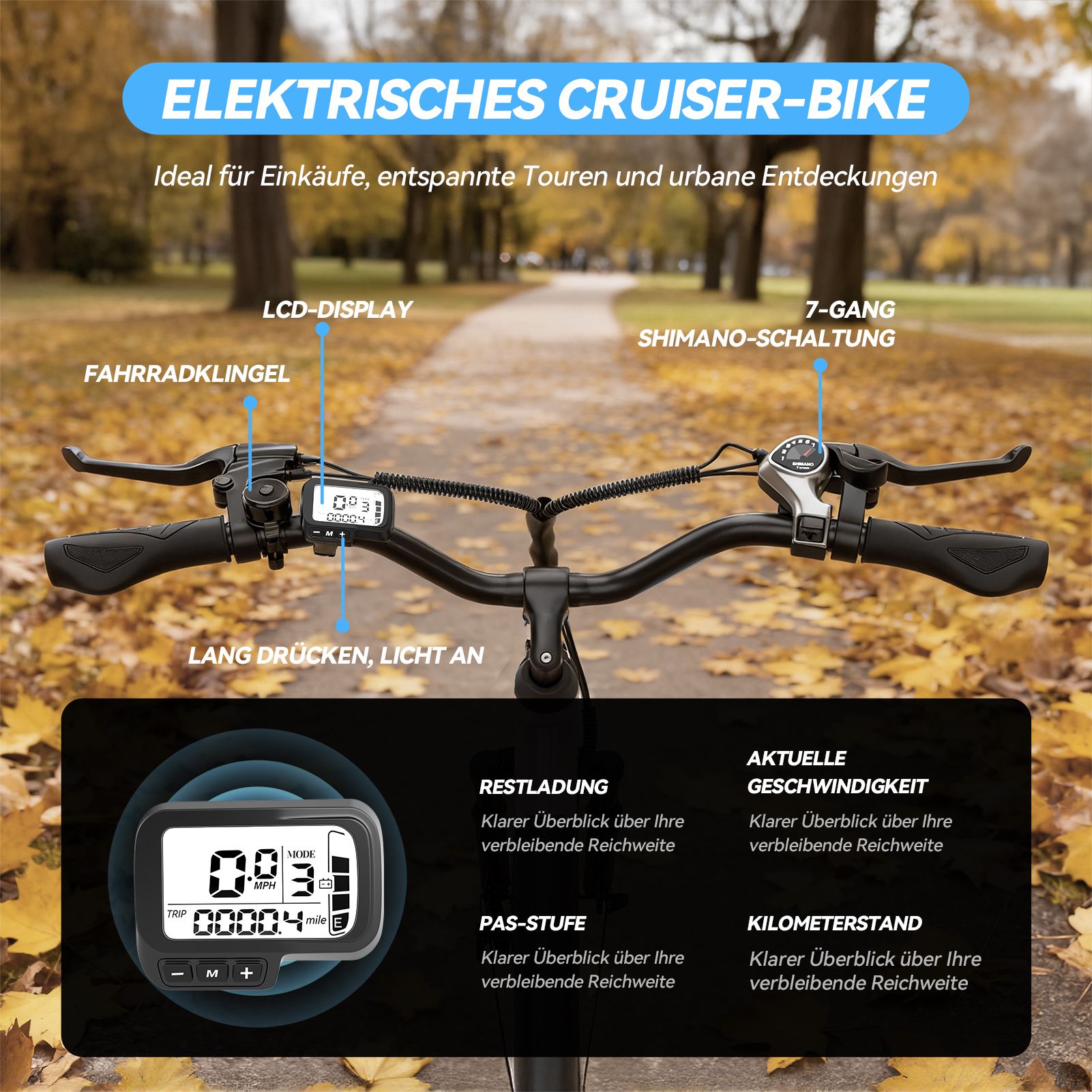 Nahaufnahme des Lenkers eines Elektro-Cruiser-Bikes. LCD-Display, 7-Gang Shimano-Schaltung. Beschriftungen: Restladung, Geschwindigkeit, Kilometerstand.
