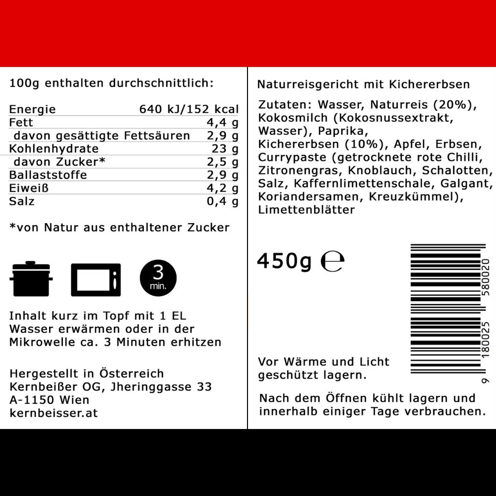 Nährwertangaben und Zutatenliste für Thai-Naturreis mit Kichererbsen. 450g. Zubereitungshinweise.