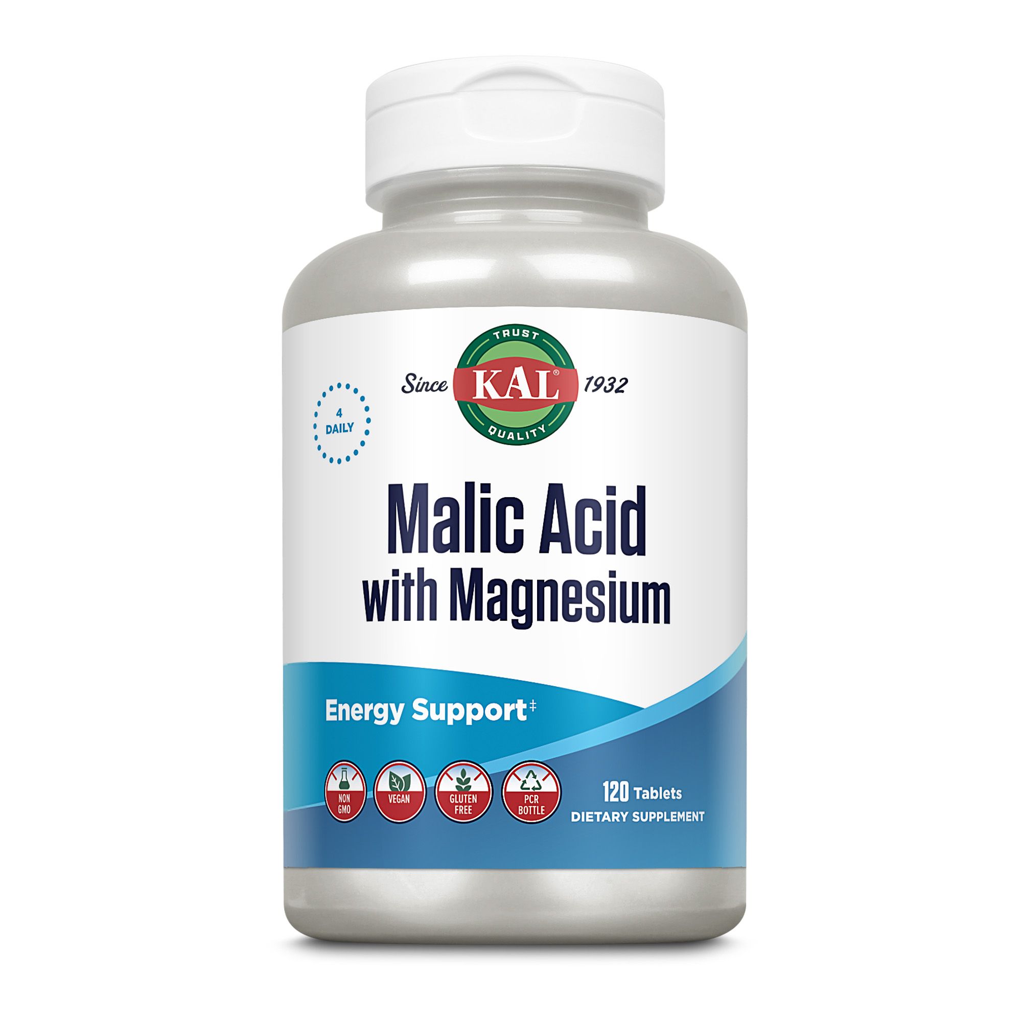 Eine Flasche KAL Malic Acid mit Magnesium. Aufschrift: Malic Acid with Magnesium, Energy Support. 120 Tabletten. Vegan, glutenfrei, BPA-Flasche.