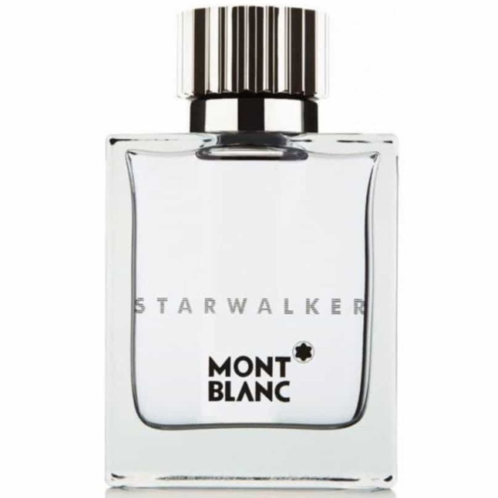 Montblanc Starwalker Eau de Toilette Flakon. Rechteckiger Glasflakon mit silbernem Verschluss. Aufschrift Starwalker und Montblanc.
