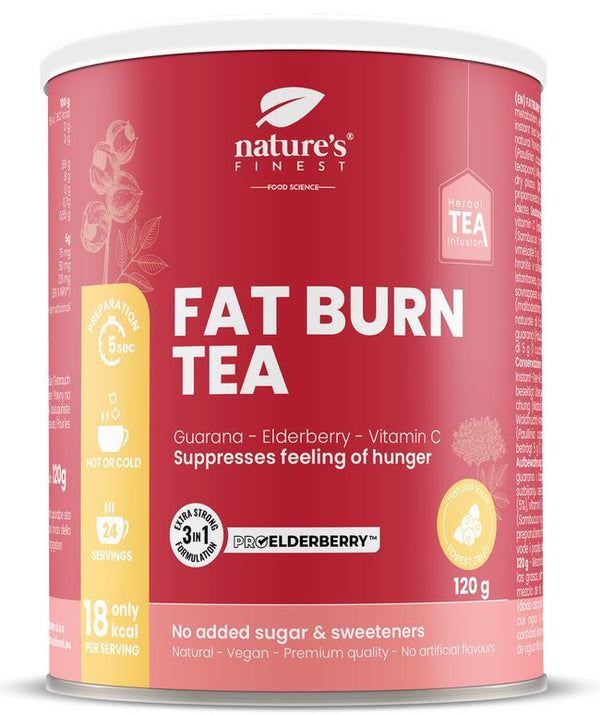 Rote Dose mit Aufschrift "FAT BURN TEA". Enthält Guarana, Holunderbeere und Vitamin C. 120g. "Nature's Finest" Logo.