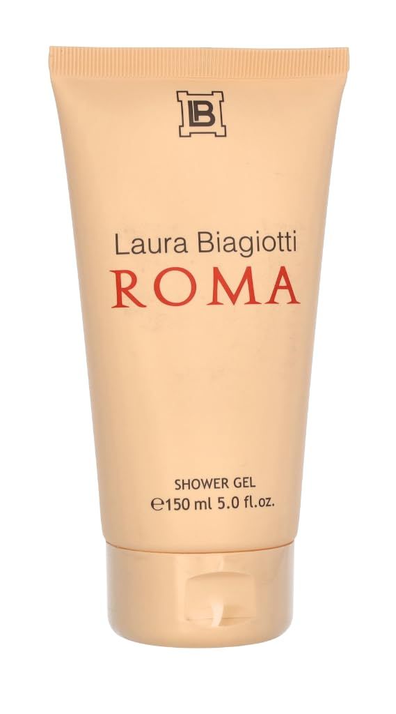 Beige Tube mit Laura Biagiotti Roma Duschgel. Schwarzer Schriftzug. Goldfarbener Deckel.