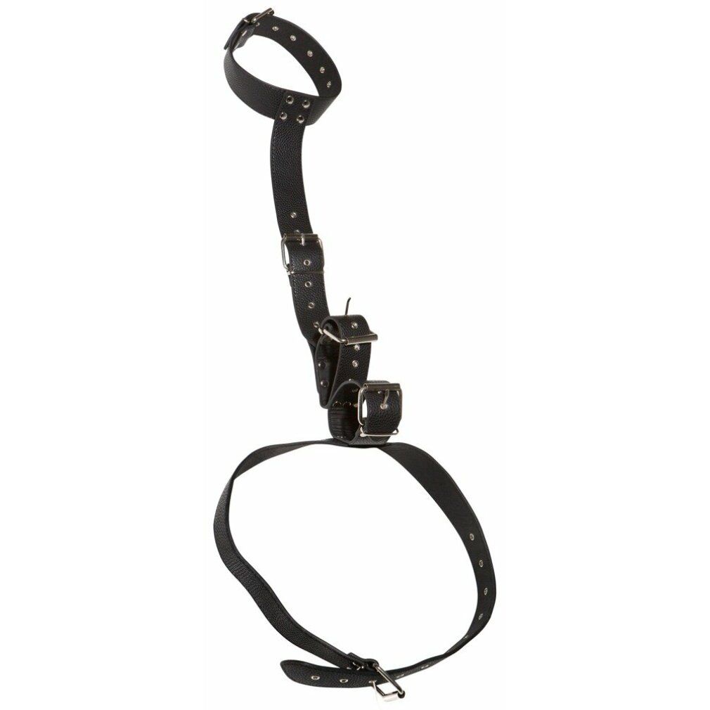 Schwarze Hals-Handfessel aus Leder mit Schnallen. Besteht aus Halsband, Handfesseln und Verbindungsriemen.