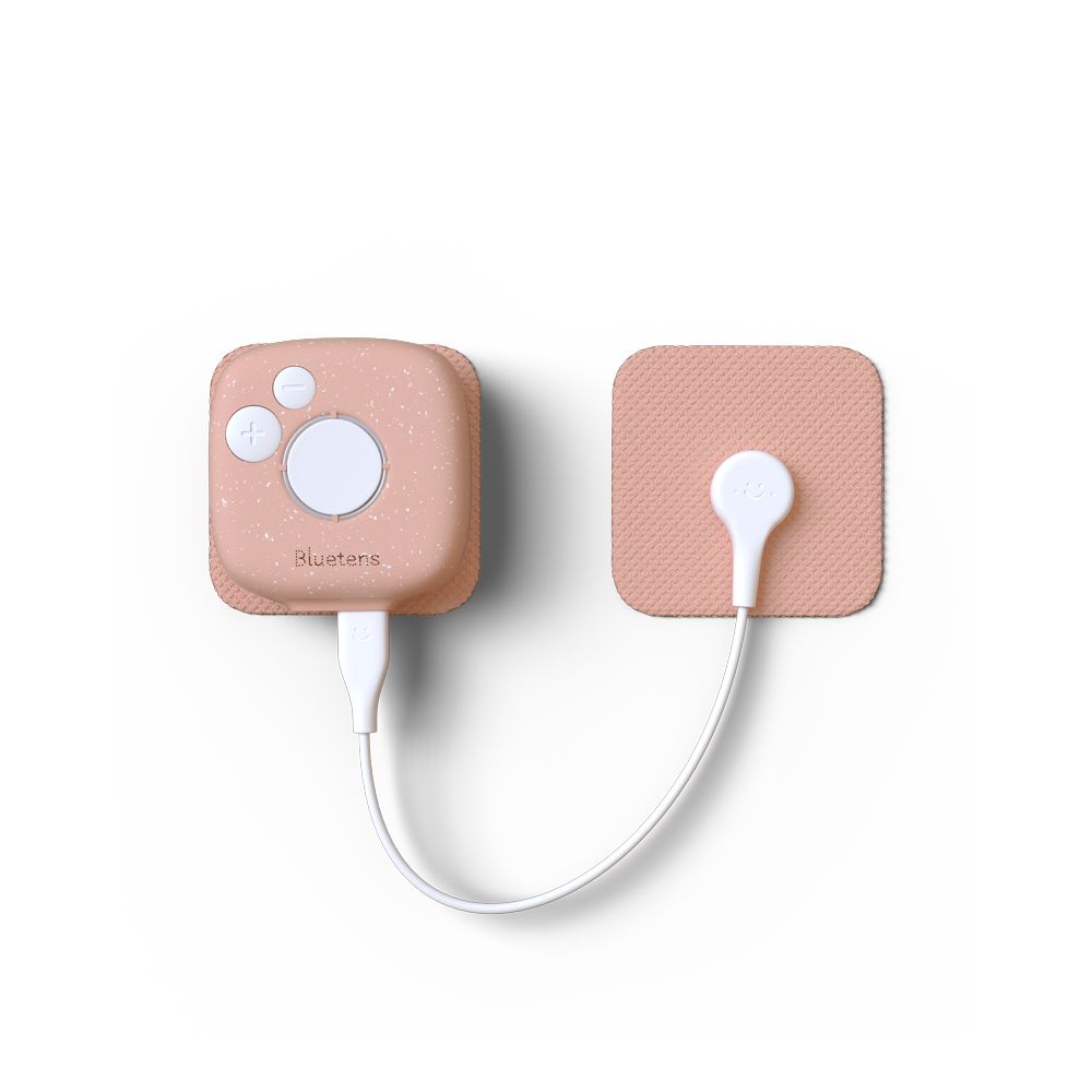 Rosa Pinktens Gerät mit einem einzelnen Elektrodenpad auf weißem Hintergrund.