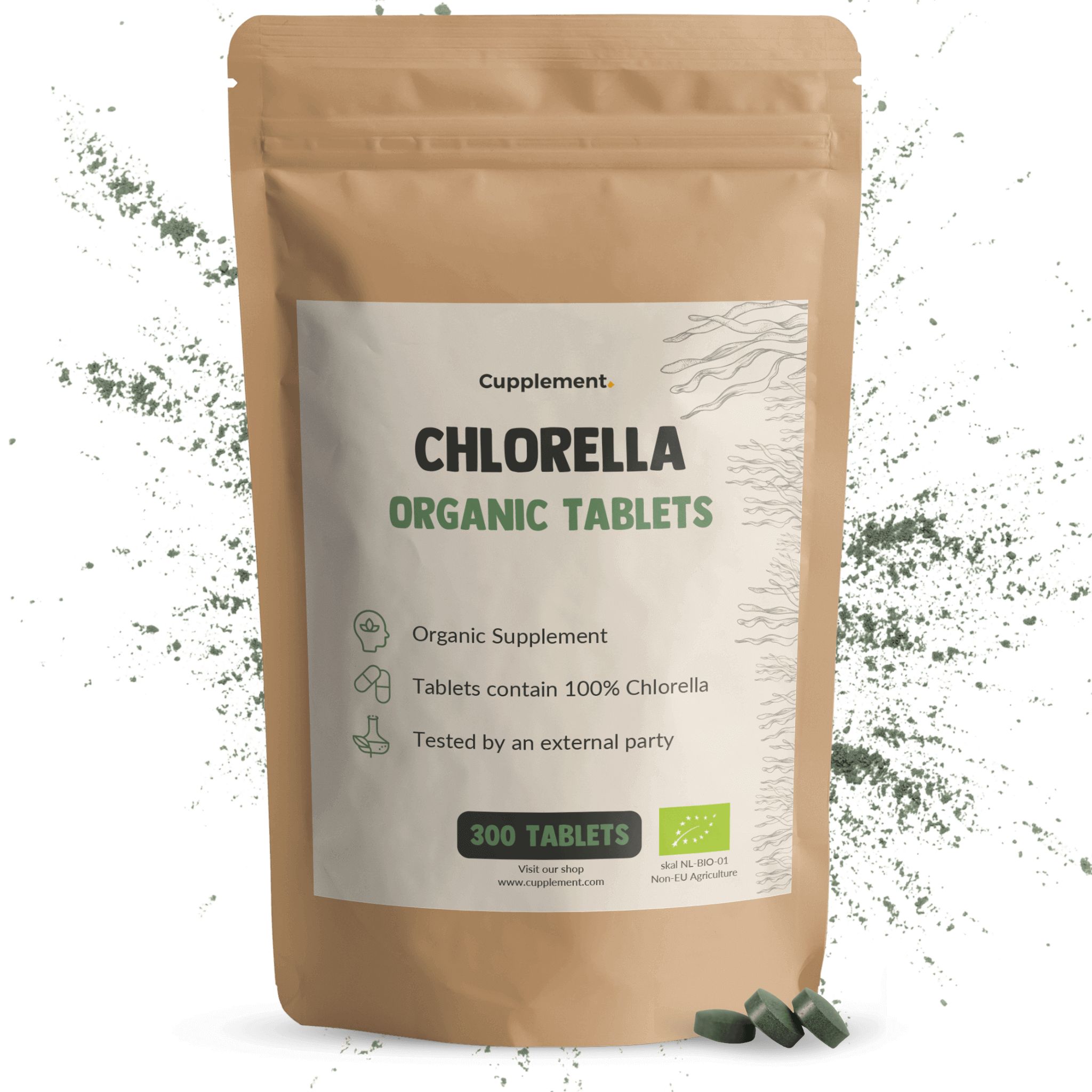 Beutel mit Chlorella-Tabletten. Aufschrift: Chlorella Organic Tablets. 300 Tabletten. Bio-Zertifizierung.