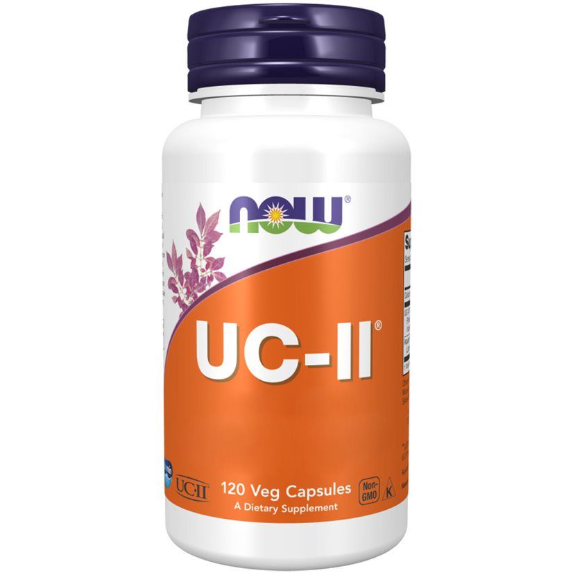 Weiße Flasche mit lila Deckel. Aufschrift "NOW" und "UC-II". Orangefarbener Aufkleber mit Produktinformationen. 120 Kapseln.