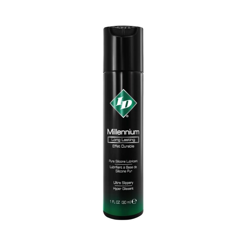 Schwarze Flasche mit grünem Etikett. Aufschrift: ID Millenium, Long Lasting, Pure Silicone Lubricant. 30ml.
