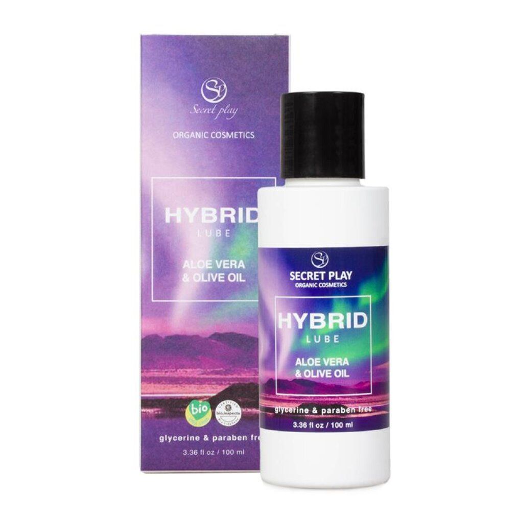 Hybrid Lube Flasche und Karton, 100 ml, mit Aloe Vera und Olivenöl. Glycerin- und Parabenfrei.