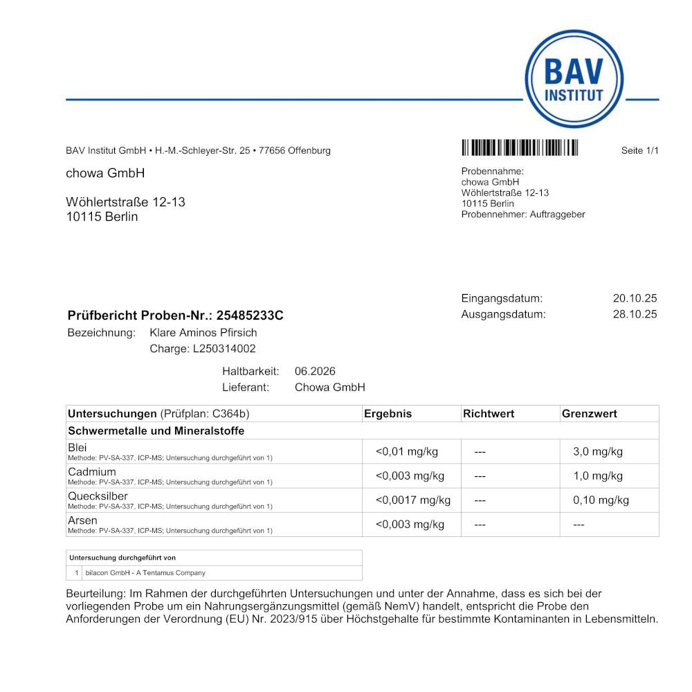 Prüfbericht des BAV Instituts. Enthält Ergebnisse von Untersuchungen auf Schwermetalle und Mineralstoffe.