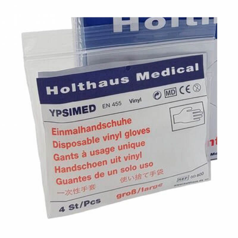 Verpackung mit Einmalhandschuhen. Aufschrift: YPSIMED, Vinyl, groß. 4 Stück. CE-Kennzeichnung. Holthaus Medical.