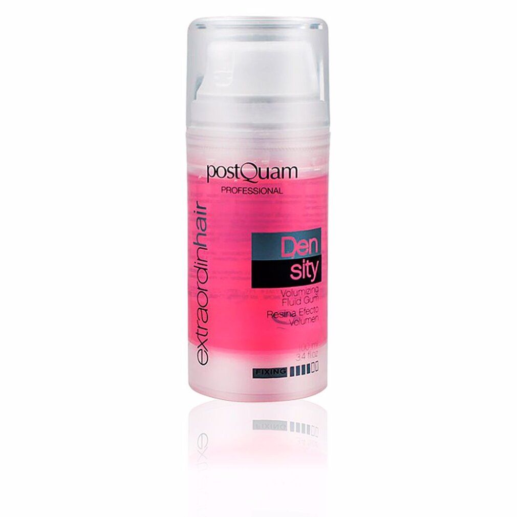 Zylindrische Flasche mit rosa Flüssigkeit. Aufschrift: Postquam, Extraordinhair, Density. Mit weißem Pumpkopf. Spiegelung.