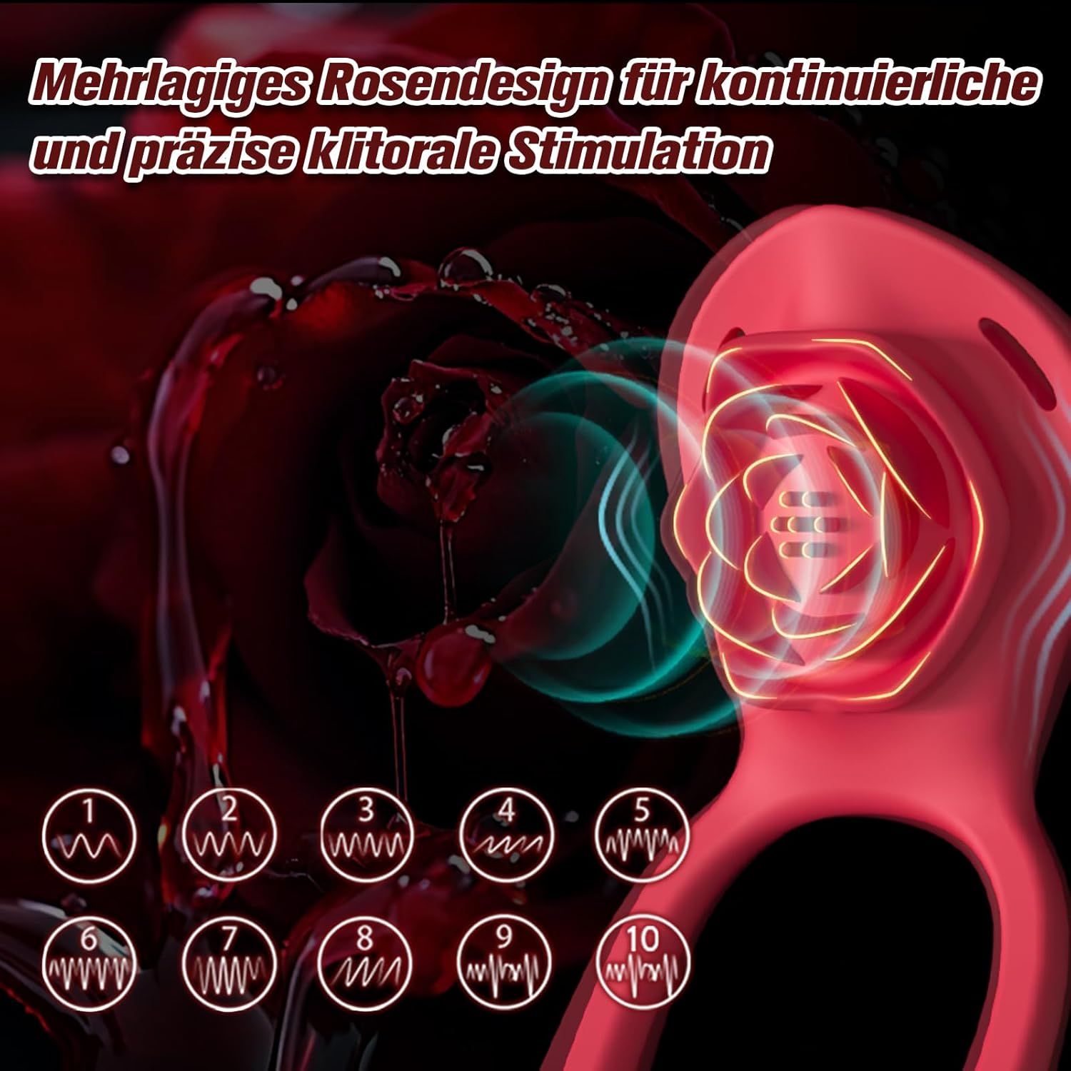 Nahaufnahme eines Penisring-Vibrators mit Rosen-Design. Text: Mehrlagiges Rosendesign für kontinuierliche und präzise klitorale Stimulation.