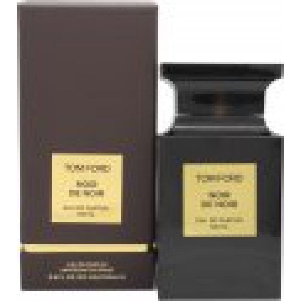 Schwarzer Flakon und Verpackung. Goldfarbenes Etikett mit Text. Marke TOM FORD, Noir de Noir.