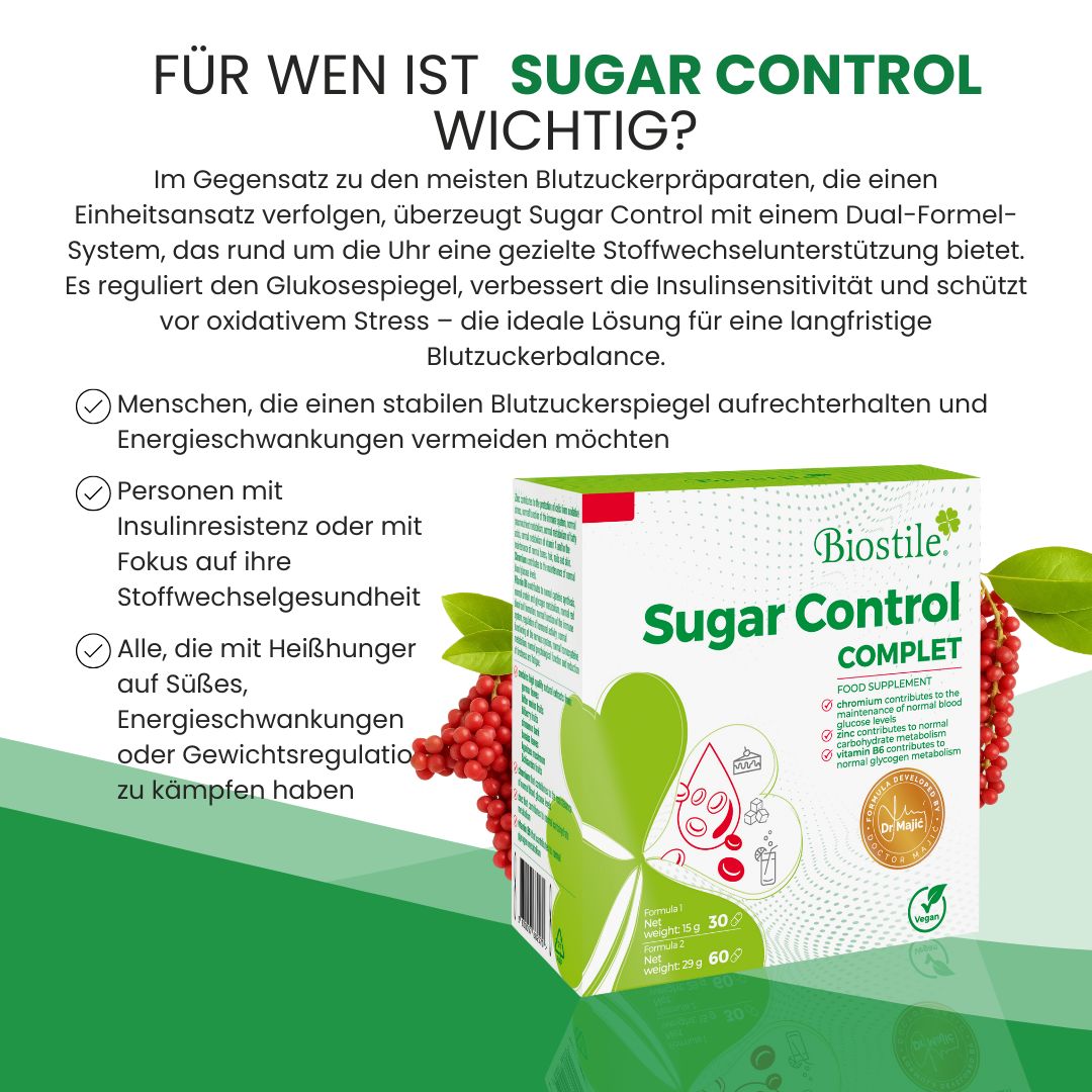 Biostile Sugar Control Komplett Verpackung neben roten Beeren und grünen Blättern, mit Text über Zielgruppen.