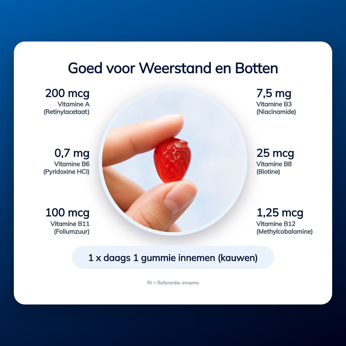 Nahaufnahme einer roten Gummie, umgeben von Vitamin- und Mineralstoffangaben.