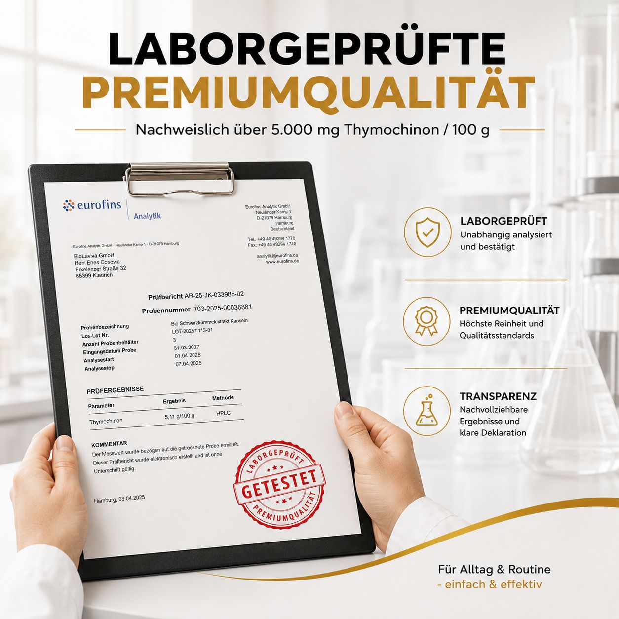 Laborbericht von Eurofins über die Premiumqualität und den Thymochinon-Gehalt.