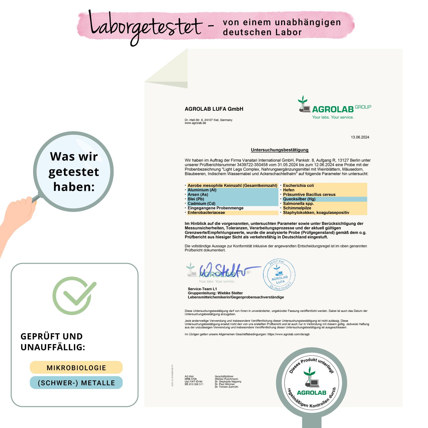 Laborzertifikat. Text: Agrolab LUFA GmbH. Geprüft auf: Mikrobiologie, Schwermetalle. Siegel: Agrolab.