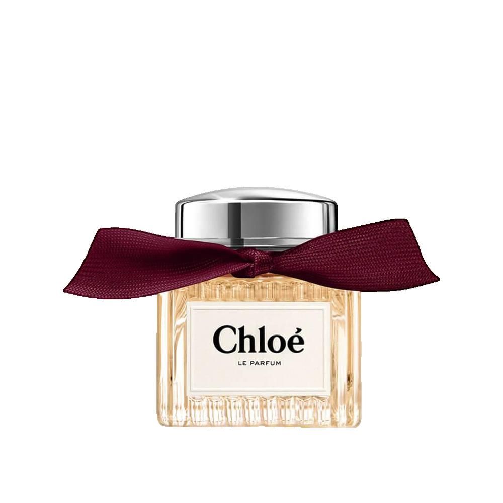 Quadratischer Flakon mit silbernem Deckel und Schleife. Aufschrift "Chloé Le Parfum".
