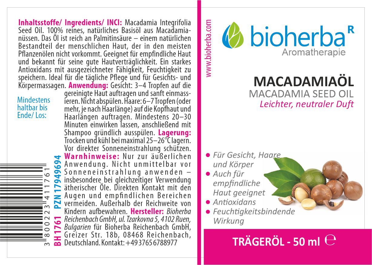 Etikett mit Produktname, Illustration von Macadamianüssen und Blättern. Text: Trägeröl, 50 ml. Inhaltsangaben und Anwendungshinweise.
